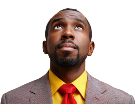 Introspective Gaze: A focused individual, exuding contemplation and curiosity, gazes upwards with a sense of anticipation. The image evokes the essence of reflection and aspiration.