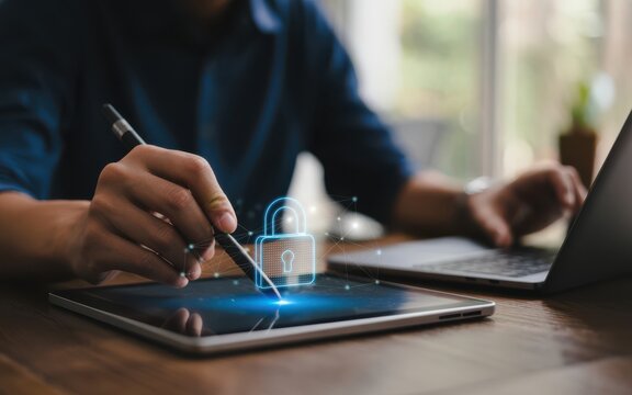 Hands using stylus on digital tablet displaying glowing blue holographic security padlock on dark wooden desk with blurred laptop background - Powered by Adobe