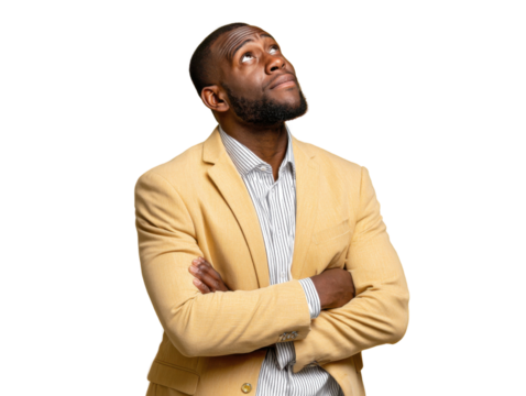 Focused Contemplation: A stylish man, his gaze fixed upwards in serene contemplation, exudes confidence and introspection.