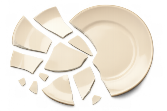 Shattered ceramic fragments surrounding partially broken plate, representing vulnerability and imperfection against transparent surface