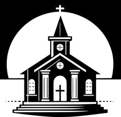 Black and white flat vector of a traditional church with a cross on top, simple and iconic christian architecture.