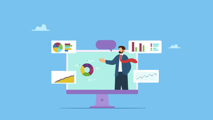 Businessman on computer screen presenting data. Online presentation webinar, conference or online seminar, consultation or data analyzing meeting, business discussion, financial expertise.