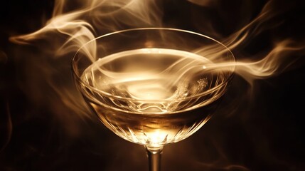 Ethereal Cocktail: Golden Liquid in Glass with Smoky Wisps on Dark Backdrop
