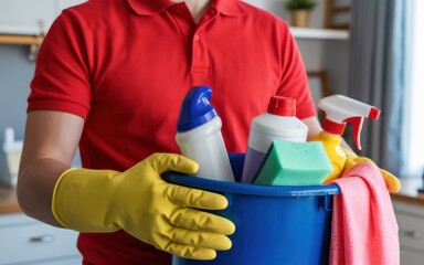 Close-up of cleaning supplies in a blue bucket held by hands wearing yellow gloves and a red shirt, with various cleaning products in a bright indoor setting
