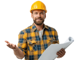 Architect's blueprint: A construction professional, sporting a hardhat, exudes confidence as he holds blueprints. His expression mirrors dedication to his craft.
