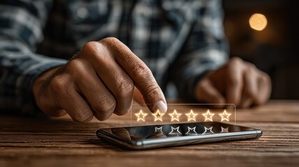 Customer selects four-star rating on smartphone interface, visualizing review input, feedback experience, and mobile rating engagement in a modern digital customer satisfaction scene.