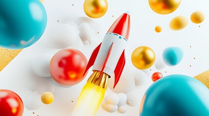 Cute cartoon rocket flying through colorful space representing startup growth and exploration
