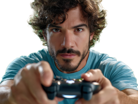 Gamer's Intense Focus: A young man is engrossed in a video game, his intense gaze locked on the controller. Capturing the excitement and concentration of a modern gamer. - Powered by Adobe