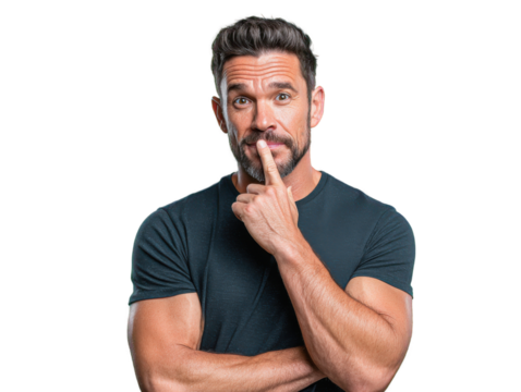 Thoughtful contemplation: A man with a hint of intrigue brings his index finger to his lips in a moment of deep thought and quiet reflection.