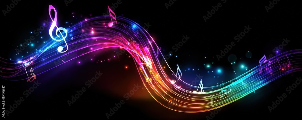 Poster vibrant colorful musical notes and treble clef flow dynamically on a dark background, symbolizing mu