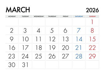 2026年3月のカレンダー月曜始まり 日本の祝日表記無し