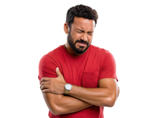 Man in Agony: A man struggles with physical or emotional discomfort, his expression a mask of pain and anguish. His arms embrace his own body, offering a semblance of comfort in his solitude.