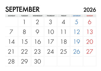 2026年9月のカレンダー月曜始まり 日本の祝日表記無し