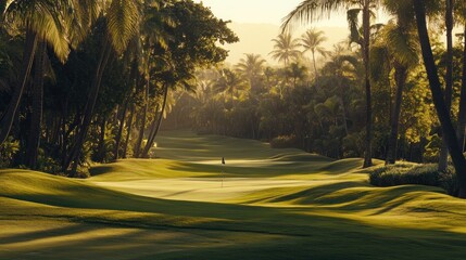 Golden Hour Golf Course: Lush Green Fairway, Palm Trees, Serene Landscape.