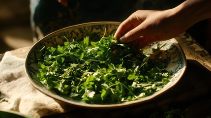 Fresh Parsley in Vintage Bowl, Sunlight Highlights Culinary Prep