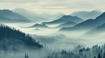Misty mountain landscape with dense forest and layered hills under soft fog and morning light creating calm serene nature scene with trees - Powered by Adobe