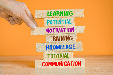 Building LEARNING concept with Brick Blocks. Beautiful orange background. Business concept....