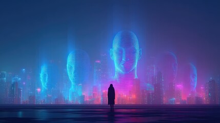 A person stands before gigantic glowing holographic heads in a futuristic cityscape, blending neon lights and digital technology in a cyberpunk atmosphere.
