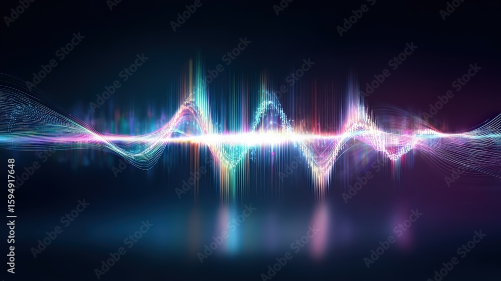 Poster abstract digital soundwave with colorful glowing lines and particles on a dark background, represent