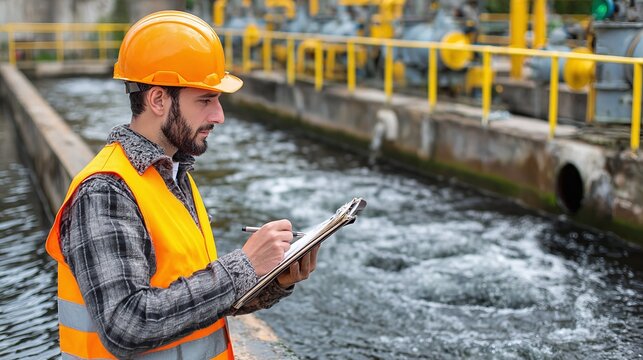 Engineer inspecting wastewater treatment facility. Wearing safety gear and taking notes. Important work! Wastewater management professional.