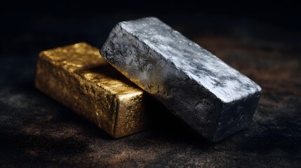 Gold and silver ingots side by side  long title Two precious metal ingots one gold and one silver placed together against a dark