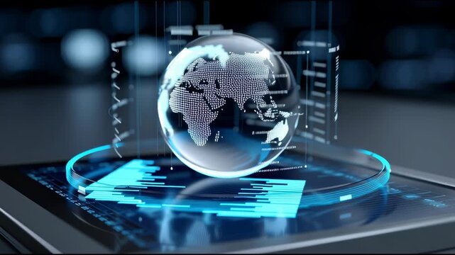Visualizing global data trends with a digital globe and analytics display in a modern workspace