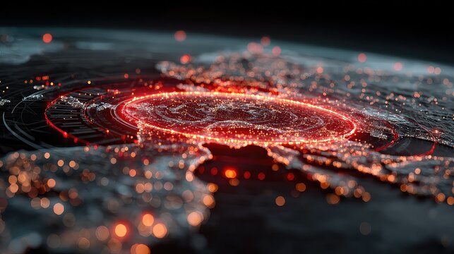 Cybersecurity system visualizes encrypted network pathways, intrusion detection points, and breach prevention checkpoints in a high-tech interface for digital threat monitoring.