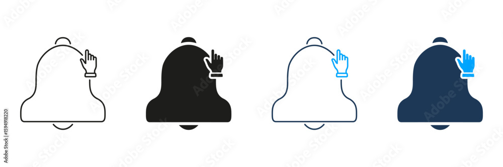 Aufkleber bell notification with click gesture line and solid icon set. alert activation and reminder interact
