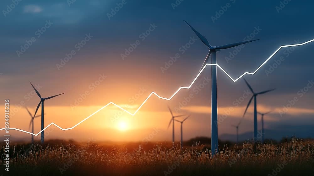 Aufkleber sunrise wind turbines with dynamic data chart overlay.