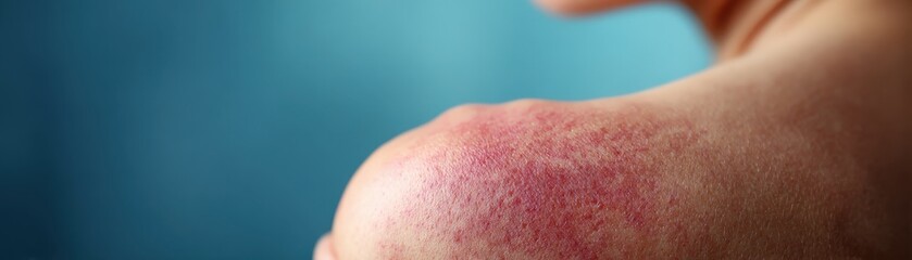 Fototapeta premium Close-up of a person's shoulder showing a red, irritated rash or skin inflammation.