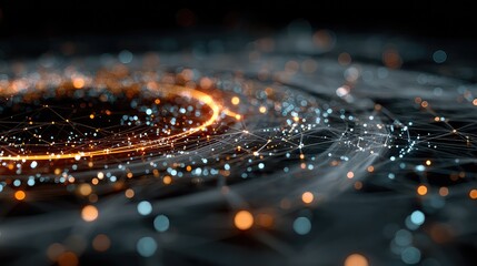 Cybersecurity system visualizes encrypted network pathways, intrusion detection points, and breach prevention checkpoints in a high-tech interface for digital threat monitoring.