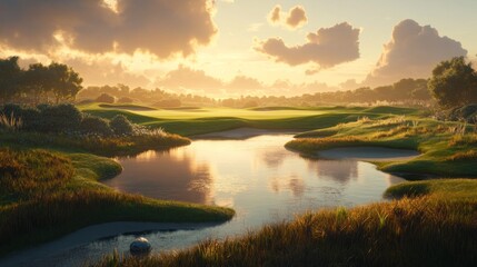 Serene Sunset Golf Course: Golden Hour Landscape with Water Feature