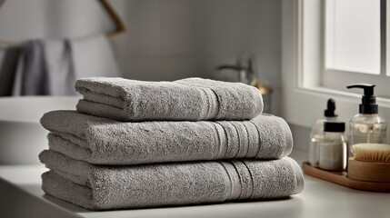 Soft gray towels neatly stacked on a bathroom countertop with soap dispensers and a brush near a window letting in natural light.