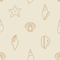Outline Seashell and Starfish Motifs. Seamless Coastal Pattern on Sand Beige