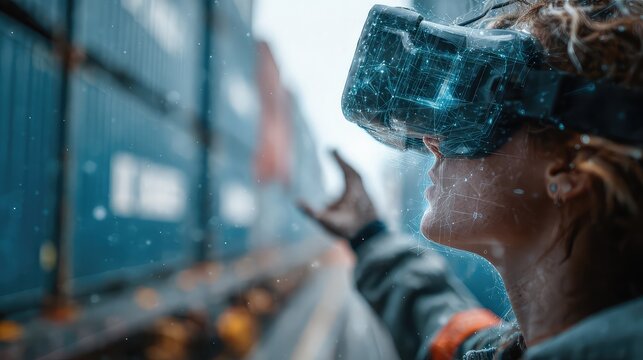 Data engineer floats inside VR supply chain model, visualizing logistics control, immersive simulation, and interactive enterprise resource management in virtual tech space.