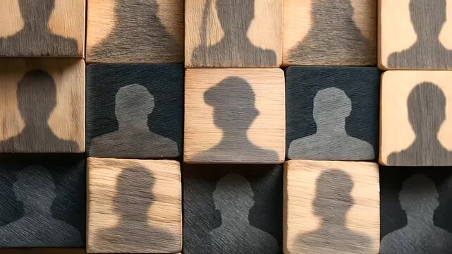 Silhouetted figures on wooden blocks symbolizing diversity in recruitment.