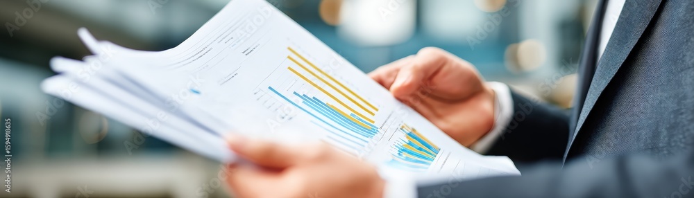 Poster a person in business attire reviews printed financial charts and data reports, indicating analysis o