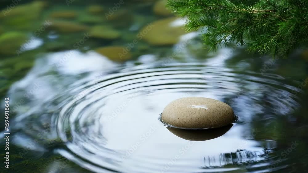 Poster smooth stone creating gentle ripples in tranquil pond next to greenery