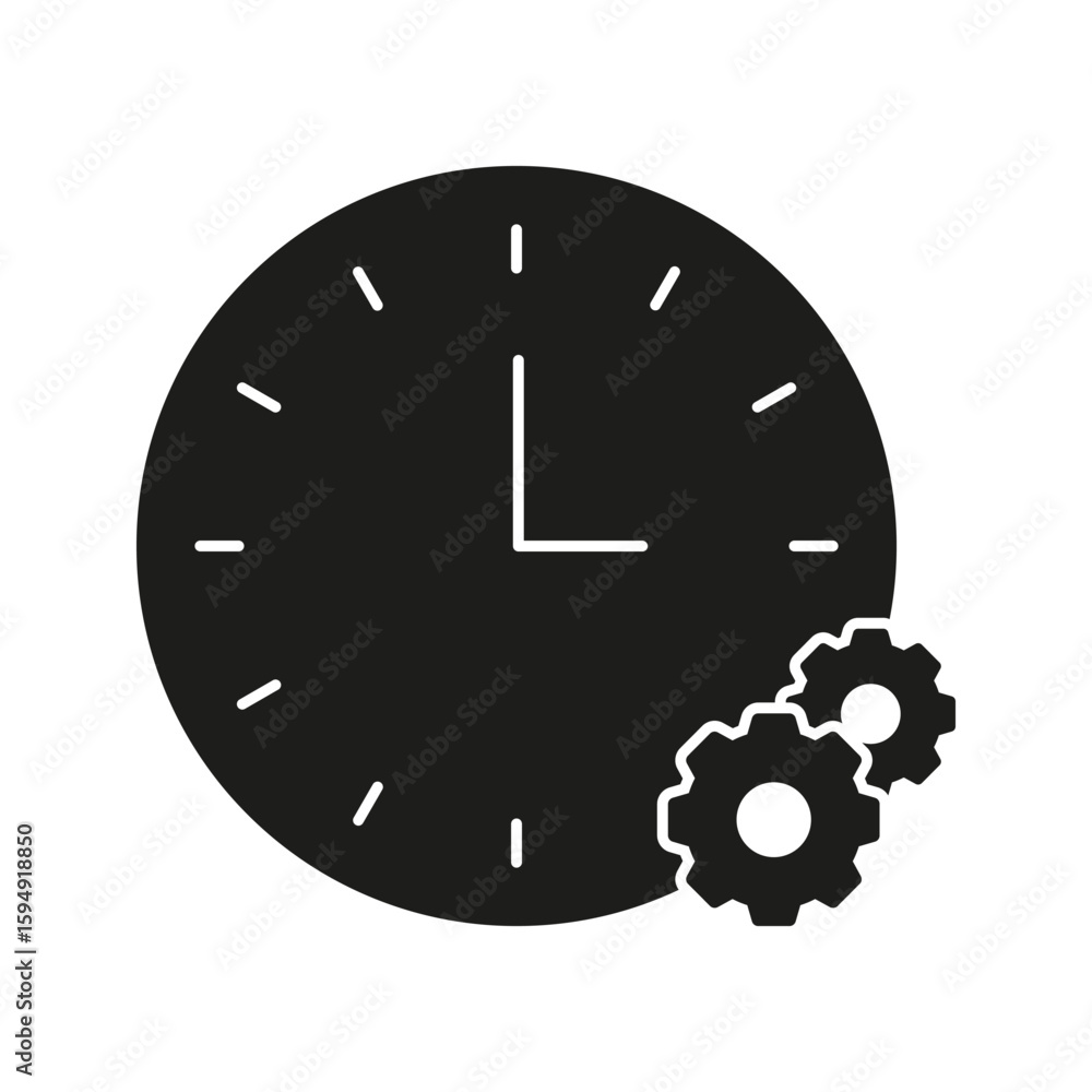 Poster clock with gears solid icon. time management, efficiency, and productivity enhancement silhouette sy