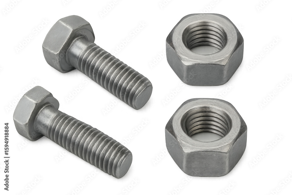 Poster close-up of metal bolts and nuts, showcasing their threads and hexagonal shape, isolated on a transp