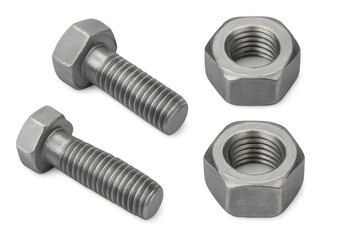 Close-up of metal bolts and nuts, showcasing their threads and hexagonal shape, isolated on a transparent background