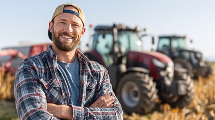 Smiling farmer with crossed arms stands in a sunny field, with tractors in the background, suggesting a successful harvest and agricultural work.