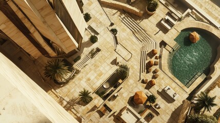 Aerial View of Luxury Resort: Pool, Architecture, and Shadows.