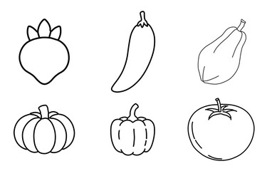 Black and white line art of six distinct vegetables and fruits. 