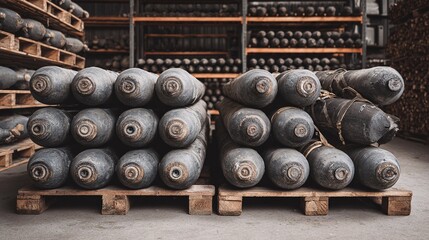 Ammunition Stockpile: Rows of gray ammunition stacked on pallets in a warehouse setting, creating a sense of stored power and potential threat.