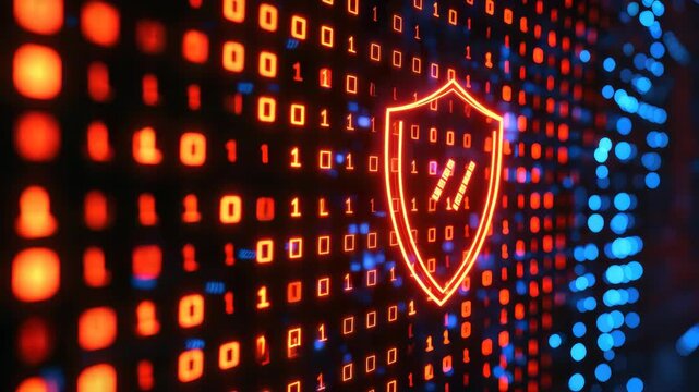 Digital security shield on digital background with binary code representing data protection