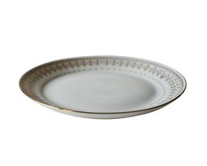Elegant white ceramic plate with gold rim and ornamental patterns, luxury tableware isolated on transparent background for fine dining, minimal design, and classic decor.