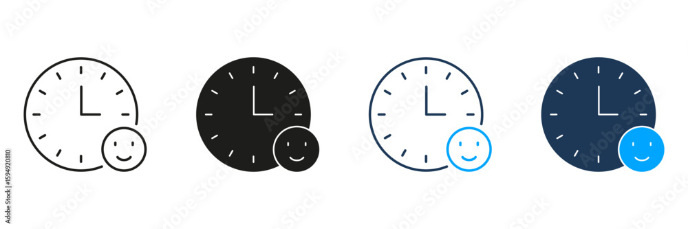 Poster clock with smiling face line and solid icon set. time management and positive productivity symbol co
