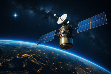 Satellite orbiting Earth at night space