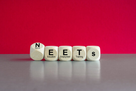 Cubes form the expression NEETs Not in Education, Employment, or Training. Symbol for people who are currently not in Education, Employment, or Training. Beautiful red background. Business concept.